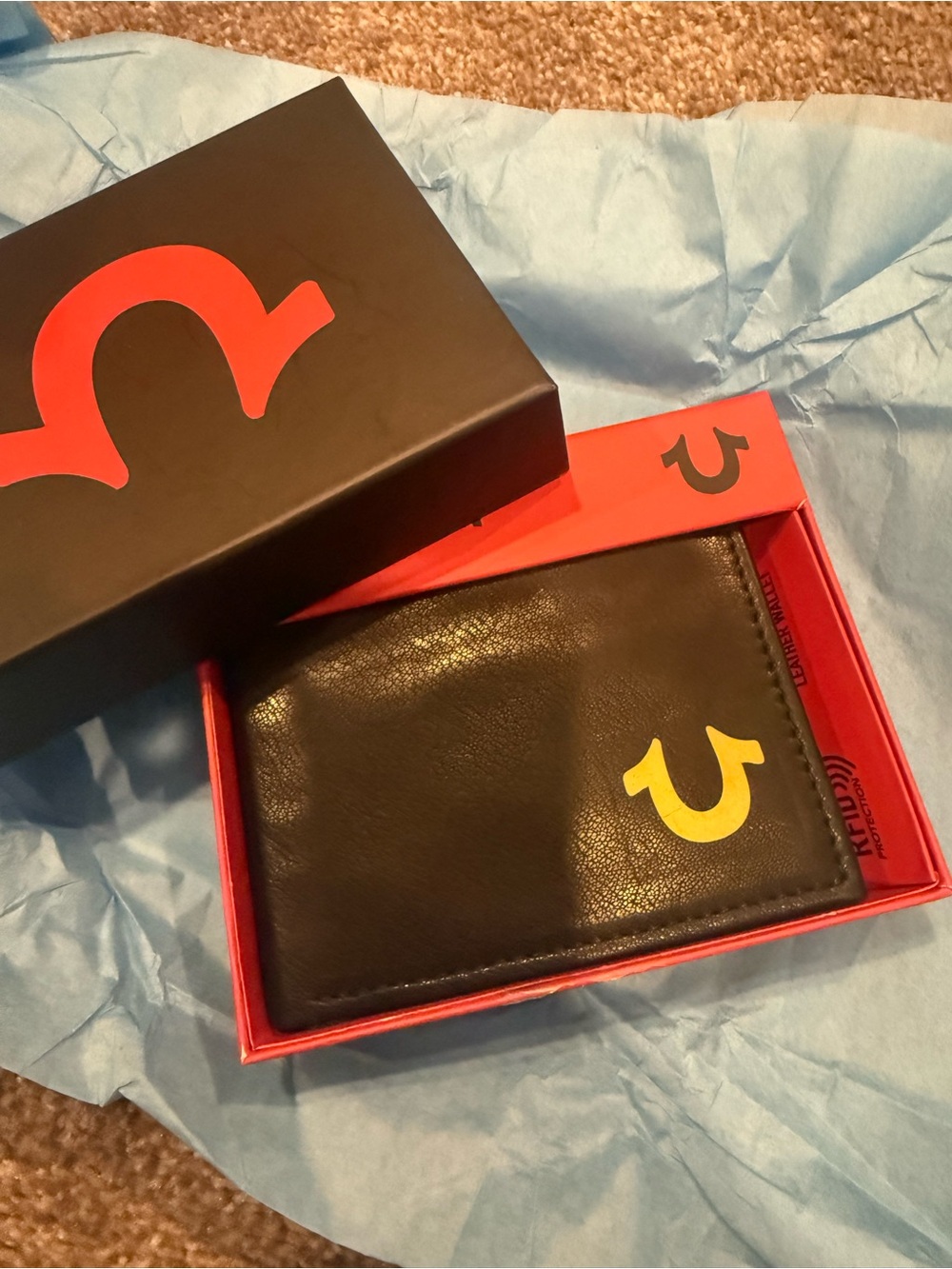 True Religion Black Leather Wallet with Yellow Logo